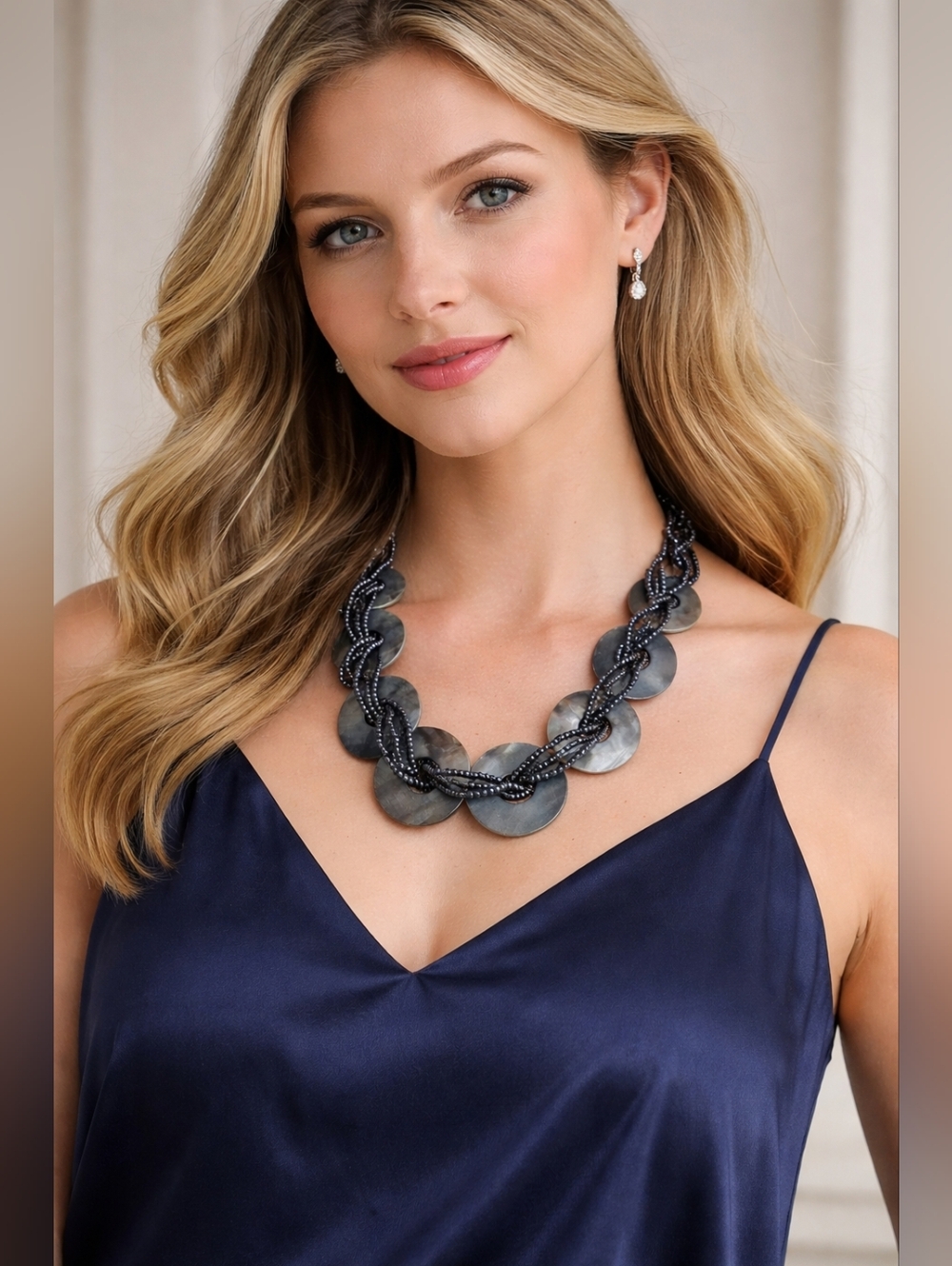Statement Disc Necklace Gray Mother of Pearl Beaded Layered Chunky Necklace